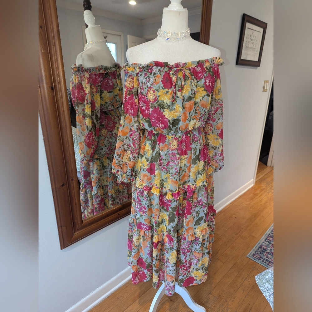 LC Lauren Conrad Off-Shoulder Floral Tiered Maxi Dress in Pink and Yellow